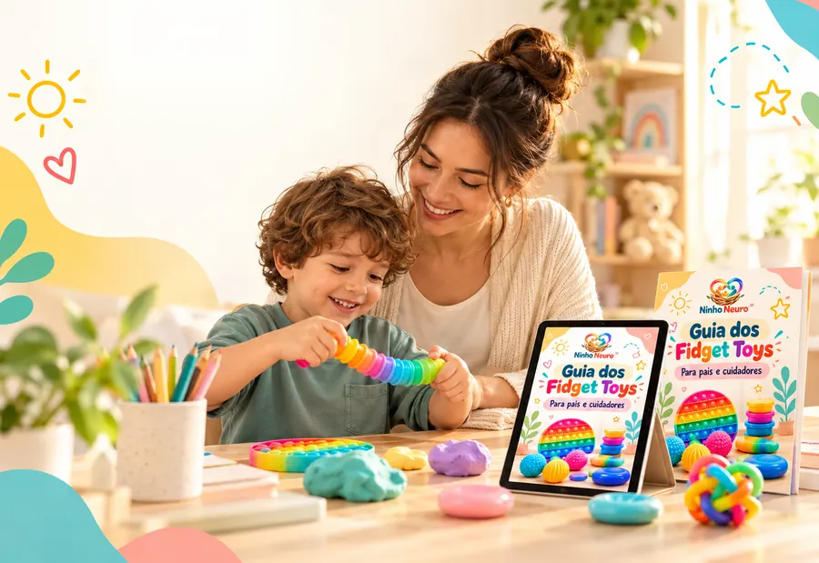 Mãe sorrindo ao lado do filho, que brinca com um pop tube colorido em uma mesa com massinhas, pedras sensoriais e o Guia dos Fidget Toys aberto no tablet