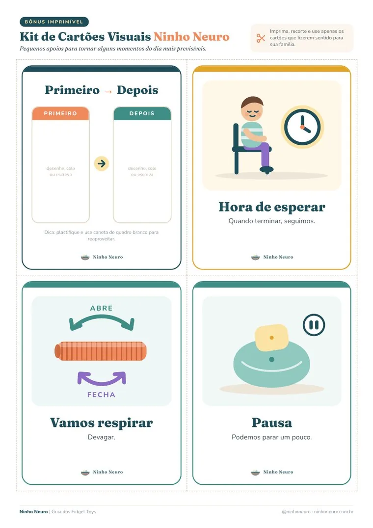 Página do Kit de Cartões Visuais com os cartões Primeiro e Depois, Hora de esperar, Vamos respirar e Pausa