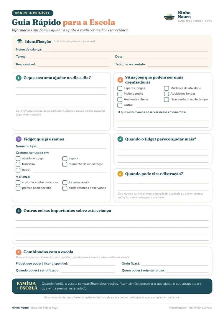 Ficha do Guia Rápido para a Escola com campos de identificação e blocos para preencher