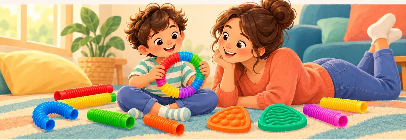 Ilustração de uma mãe deitada no tapete brincando com o filho, que monta um círculo com pop tubes coloridos