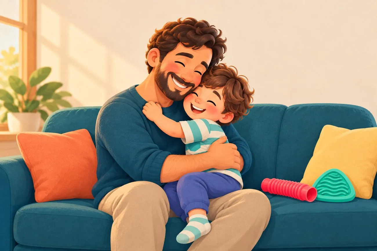 Ilustração de um pai abraçando o filho no sofá, os dois sorrindo de olhos fechados