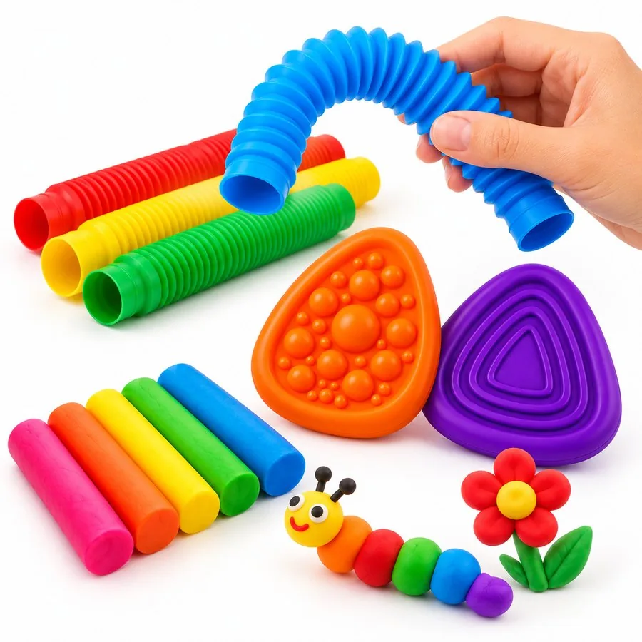 Pop tubes, pedras sensoriais e massinhas juntos, com uma mão esticando um pop tube